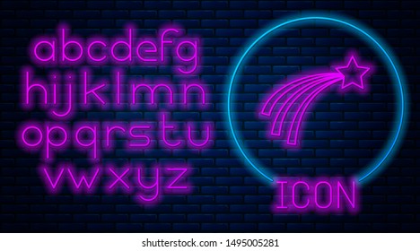 Glowing neon Falling star icon isolated on brick wall background. Shooting star with star trail. Meteoroid, meteorite, comet, asteroid, star icon. Neon light alphabet. Vector Illustration