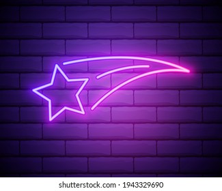 Glowing neon Falling star icon isolated on brick wall background. Shooting star with star trail. Meteoroid, meteorite, comet, asteroid, star icon. Vector Illustration.