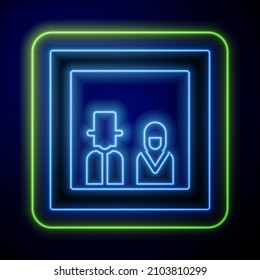 Glowing Neon Family Photo Icon Isolated On Blue Background.  Vector