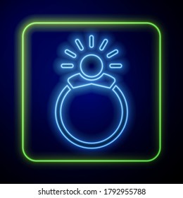 Glowing neon Fantasy magic stone ring with gem icon isolated on blue background.  Vector Illustration