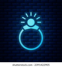 Glowing neon Fantasy magic stone ring with gem icon isolated on brick wall background.  Vector Illustration