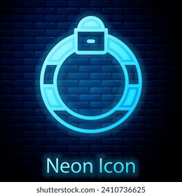 Glowing neon Fantasy magic stone ring with gem icon isolated on brick wall background.  Vector