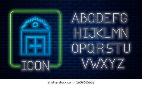 Glowing neon Farm House concept icon isolated on brick wall background. Rustic farm landscape. Neon light alphabet. Vector Illustration