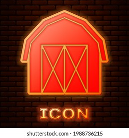 Glowing neon Farm house icon isolated on brick wall background.  Vector