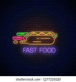 Glowing neon fast food sign with hurrying hot dog on dark brick wall background. Fast delivery symbol in neon style. Food delivery concept illustration. Vector.