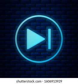 Glowing neon Fast forward icon isolated on brick wall background.  Vector Illustration