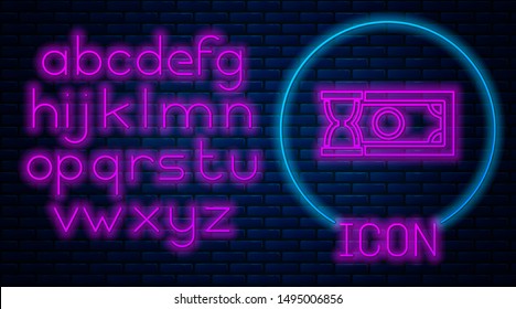 Glowing neon Fast payments icon on brick wall background. Fast money transfer payment. Financial services, fast loan, time is money, cash back concept. Neon light alphabet. Vector Illustration