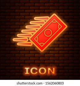 Glowing neon Fast payments icon isolated on brick wall background. Fast money transfer payment. Financial services, fast loan, time is money, cash back concept.  Vector Illustration