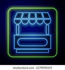 Glowing neon Fast street food cart with awning icon isolated on blue background. Urban kiosk.  Vector