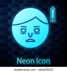 Glowing neon Fatigue icon isolated on brick wall background. No energy. Stress symptom. Negative space.  Vector Illustration