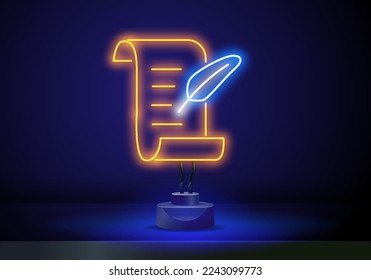 Glowing neon Feather in the inkwell and paper scroll icon isolated on brick wall background. Vector Illustration