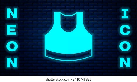 Glowing neon Female crop top icon isolated on brick wall background. Undershirt.  Vector