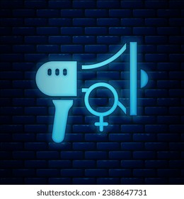 Glowing neon Female movement, feminist activist with banner and placards icon isolated on brick wall background. Feminist rights movement, feminism sisterhood.  Vector