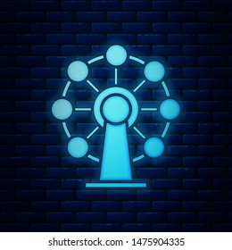 Glowing neon Ferris wheel icon isolated on brick wall background. Amusement park. Childrens entertainment playground, recreation park.  Vector Illustration