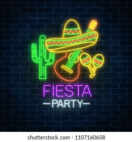 Glowing neon fiesta holiday sign on dark brick wall background. Mexican festival flyer design with guitar, maracas, sombrero hat and cactus. Vector illustration.