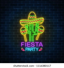 Glowing neon fiesta holiday sign on dark brick wall background. Mexican festival flyer design with maracas, sombrero hat and cactus. Vector illustration.