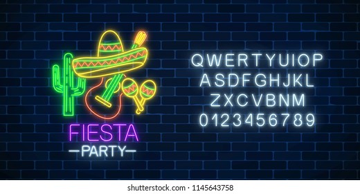 Glowing neon fiesta holiday sign and alphabet on dark brick wall background. Mexican festival flyer design with guitar, maracas, sombrero hat and cactus. Vector illustration.