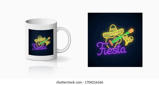 Glowing neon fiesta holiday sign for cup design. Mexican festival design with guitar, maracas and sombrero hat in neon style on mug mockup. Vector shiny design element