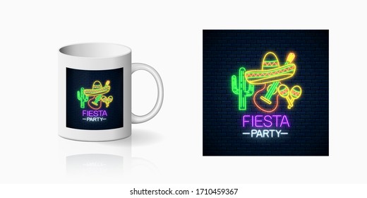 Glowing neon fiesta holiday sign for cup design. Mexican festival design with guitar, maracas, sombrero hat and cactus in neon style on mug mockup. Vector shiny design element