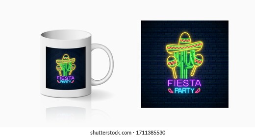 Glowing neon fiesta holiday sign for cup design. Mexican festival design with maracas, sombrero hat and cactus in neon style on mug mockup. Vector shiny design element