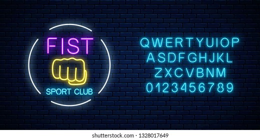 Glowing neon fighting sport club sign in circle frame with alphabet. Boxing club neon signboard. Nightlife advertising symbol of sport facility on fighting theme . Vector illustration.