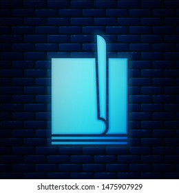 Glowing neon File document icon isolated on brick wall background. Checklist icon. Business concept.  Vector Illustration