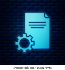 Glowing neon File document icon isolated on brick wall background. Adjusting, service, setting, maintenance, repair, fixing.  Vector Illustration