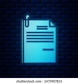 Glowing neon File document and paper clip icon isolated on brick wall background. Checklist icon. Business concept.  Vector Illustration