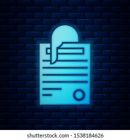 Glowing neon File document and paper clip icon isolated on brick wall background. Checklist icon. Business concept.  Vector Illustration