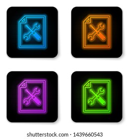Glowing neon File document with screwdriver and wrench icon isolated on white background. Adjusting, service, setting, maintenance, repair, fixing. Black square button. Vector Illustration