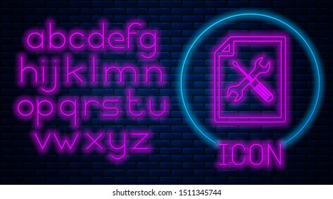 Glowing neon File document with screwdriver and wrench icon isolated on brick wall background. Adjusting, service, setting, maintenance, repair, fixing. Neon light alphabet. Vector Illustration