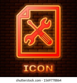 Glowing neon File document with screwdriver and wrench icon isolated on brick wall background. Adjusting, service, setting, maintenance, repair, fixing.  Vector Illustration