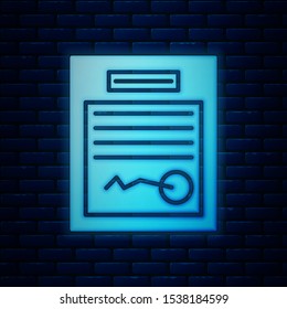 Glowing neon Filled form icon isolated on brick wall background. File icon. Checklist icon. Business concept.  Vector Illustration