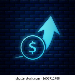 Glowing neon Financial growth and coin icon isolated on brick wall background. Increasing revenue.  Vector Illustration