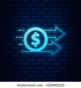Glowing neon Financial growth dollar coin icon isolated on brick wall background. Increasing revenue.  Vector