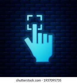 Glowing neon Fingerprint icon isolated on brick wall background. ID app icon. Identification sign. Touch id.  Vector