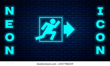 Glowing neon Fire exit icon isolated on brick wall background. Fire emergency icon.  Vector