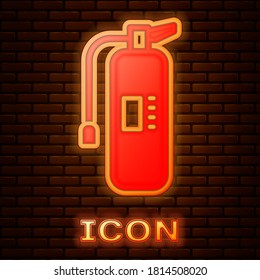 Glowing neon Fire extinguisher icon isolated on brick wall background. Vector.