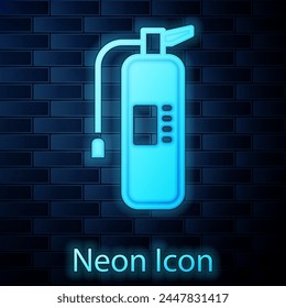 Glowing neon Fire extinguisher icon isolated on brick wall background.  Vector