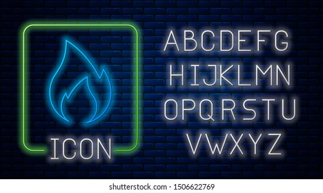 Glowing neon Fire flame icon isolated on brick wall background. Heat symbol. Neon light alphabet. Vector Illustration