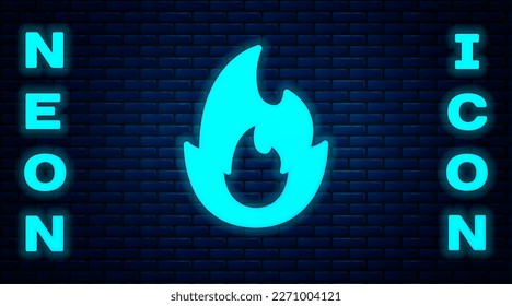 Glowing neon Fire flame icon isolated on brick wall background.  Vector