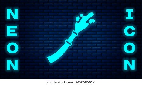 Glowing neon Fire hose reel icon isolated on brick wall background.  Vector