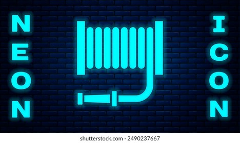 Glowing neon Fire hose reel icon isolated on brick wall background.  Vector