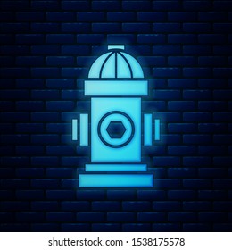 Glowing neon Fire hydrant icon isolated on brick wall background.  Vector Illustration