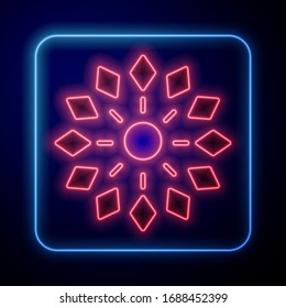 Leuchtendes Neon Firework Symbol einzeln auf blauem Hintergrund. Konzept der lustigen Party. pyrotechnisches Symbol für Explosivstoffe. Vektorillustration-Illustration