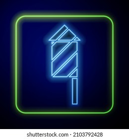 Glowing neon Firework rocket icon isolated on blue background. Concept of fun party. Explosive pyrotechnic symbol.  Vector