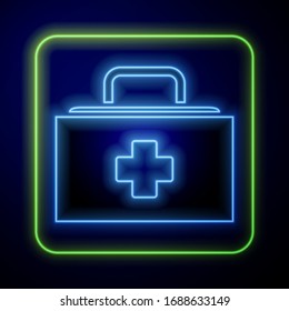 Glowing neon First aid kit icon isolated on blue background. Medical box with cross. Medical equipment for emergency. Healthcare concept.  Vector Illustration
