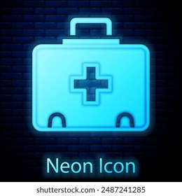 Glowing neon First aid kit icon isolated on brick wall background. Medical box with cross. Medical equipment for emergency. Healthcare concept.  Vector