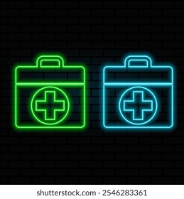 Icono brillante del kit de primeros auxilios de neón aislado en el fondo de la pared de ladrillo. Caja médica con cruz. Equipos médicos de emergencia. Concepto sanitario. Vector.