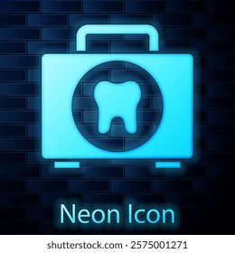Glowing neon First aid kit icon isolated on brick wall background. Medical box with cross. Medical equipment for emergency. Healthcare concept.  Vector